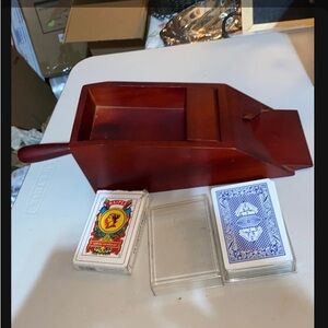 Vintage Card Dealing Wood Shoe 2 decks of vintage cards